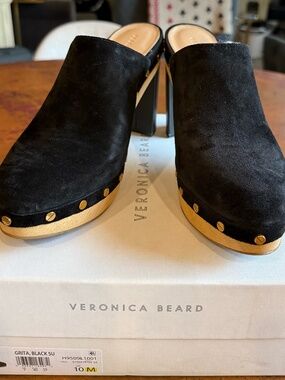 Veronica Beard women's wooden black suede heeled clogs, in box, size 10